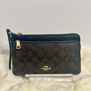 NWT Coach Double Zipper Wristlet Wallet Signature Canvas CU920 Brown Black
